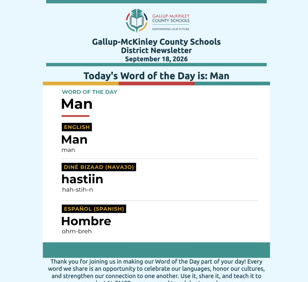 Newsletter header with logo, date, and "Today's Word of the Day is: Man" in bold. Word "Man" displayed in multiple languages.