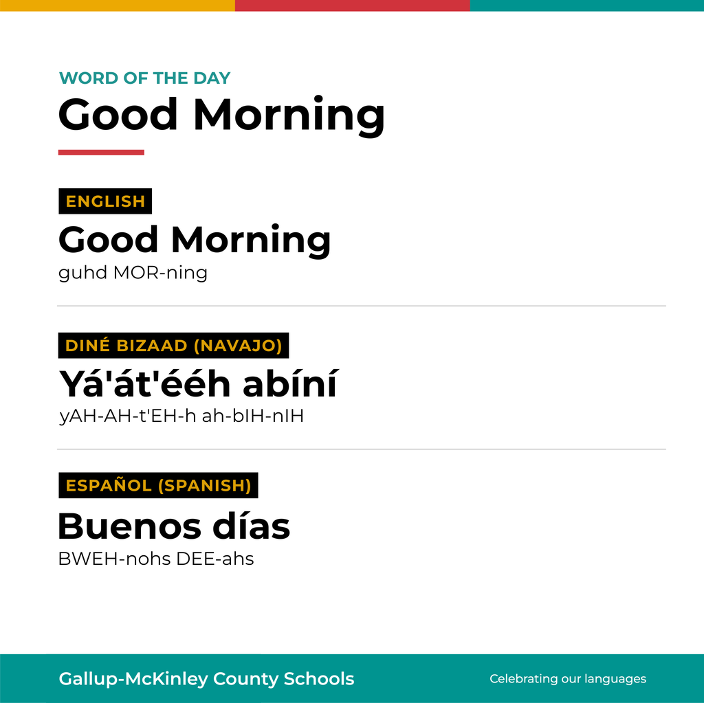 White page with teal borders. "Good Morning" is written in bold black text, followed by "Word of the Day". Three greetings are listed in English, Navajo, and Spanish.