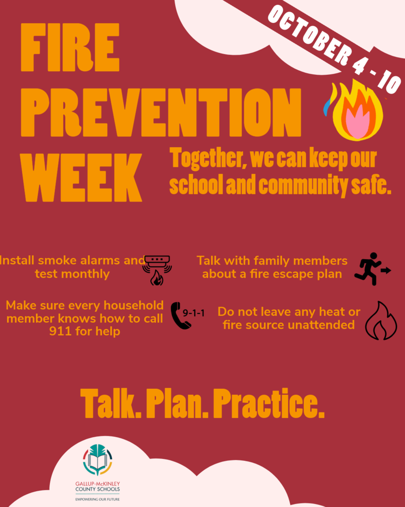 An informational poster titled "Fire Prevention Week" highlights safety tips. It includes icons for smoke alarms, a fire escape plan, and emergency contacts.
