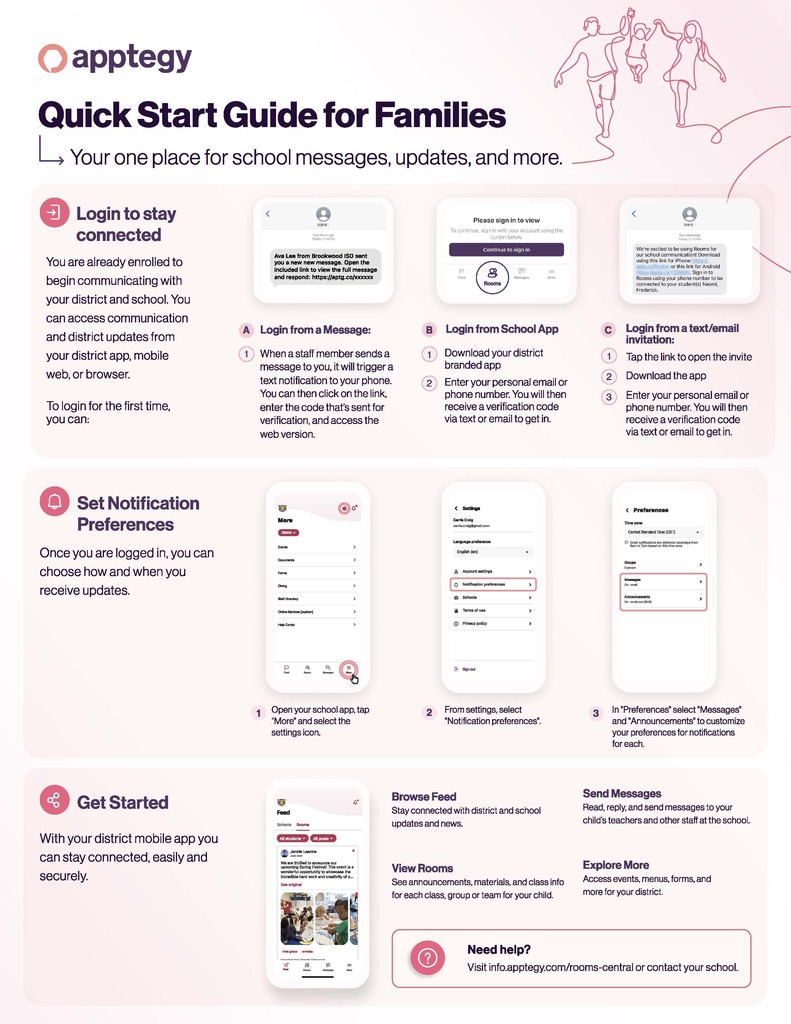 A pink background displays the "Quick Start Guide for Families" with icons and text about logging in, setting notifications, and getting started.