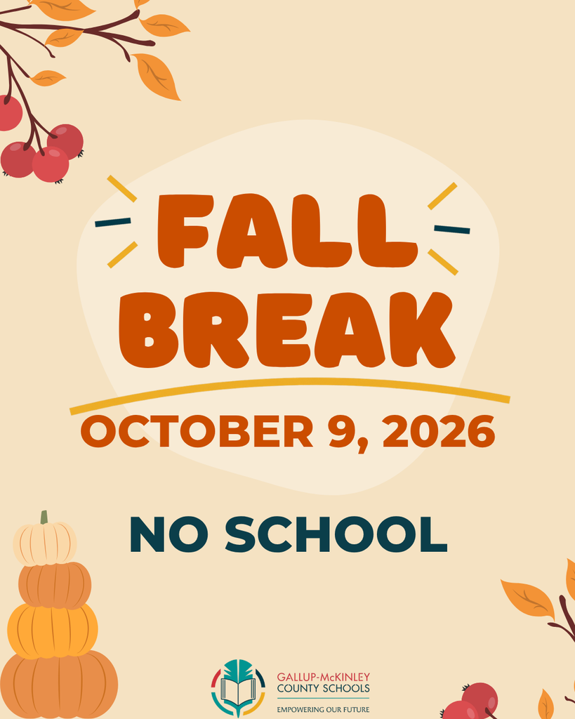 Poster with "FALL BREAK" in bold, orange text on a beige background. Date reads "OCTOBER 9, 2026" and "NO SCHOOL" below it. Pumpkins, leaves, and berries decorate the edges.