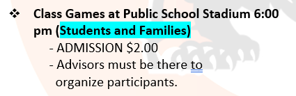 Today's Class Games at Public School Stadium, scheduled for 6:00 PM is cancelled.
