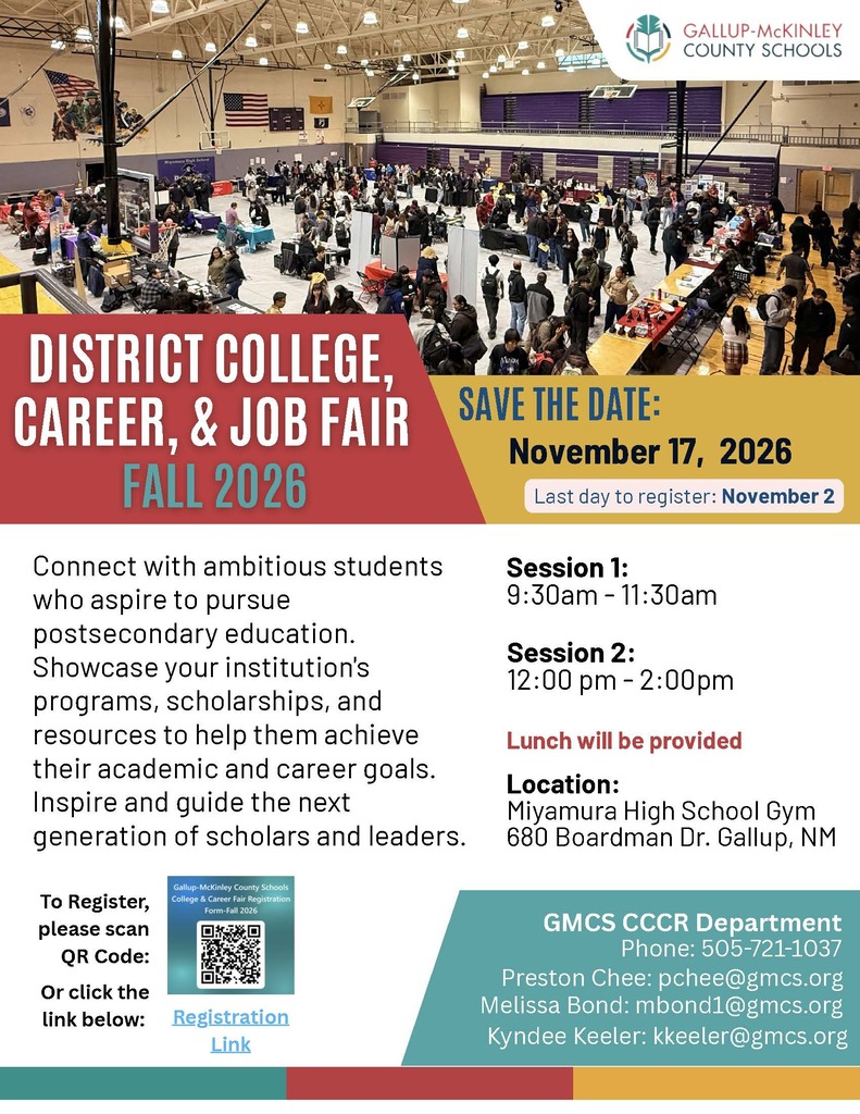 An event poster for the Fall 2026 District College, Career, and Job Fair. It mentions two sessions with times, a location, and contact information.