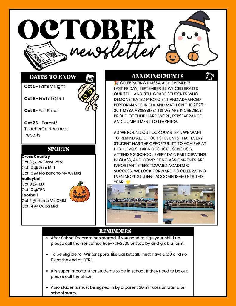 A newsletter with a pumpkin and ghost icon. It includes sections like "Dates to Know", "Announcements", and "Sports".