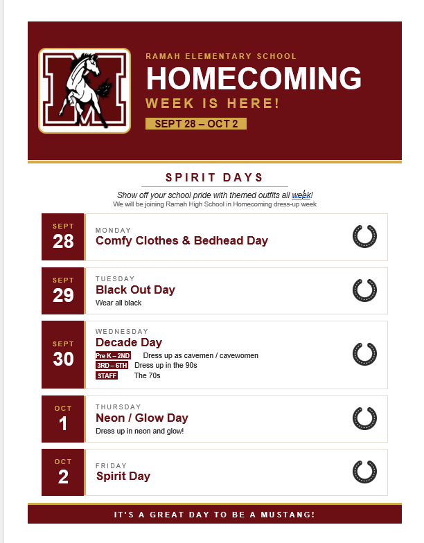 A poster for Homecoming Week. Dates are Sept 28-Oct 2. Each day has a different theme, including Comfy Clothes, Black Out, Decade, Neon, and Spirit.