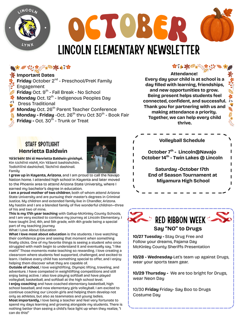 Newsletter page from Lincoln Elementary with a pumpkin in the upper left corner. Sections include "October," "Lincoln Elementary Newsletter," "Staff Spotlight," and "Red Ribbon Week."