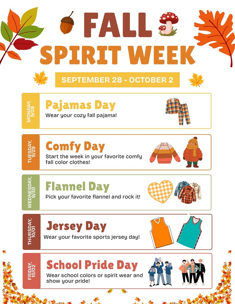 Fall Spirit Week poster lists Pajamas Day, Comfy Day, Flannel Day, Jersey Day, and School Pride Day. Dates are September 28 to October 2.