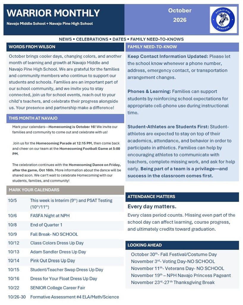 Document shows "Warrior Monthly" for October 2026, including a calendar of events, reminders, and phone updates for families.