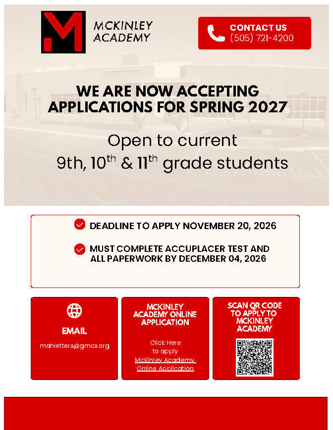 Advertisement for McKinley Academy's Spring 2027 applications. Features logo, contact information, deadlines, and a QR code.