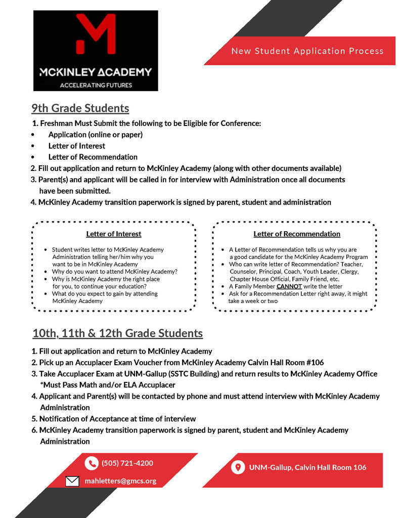 Document displays McKinley Academy's new student application process for 9th-12th grades. Sections include requirements, procedures, and a contact number.