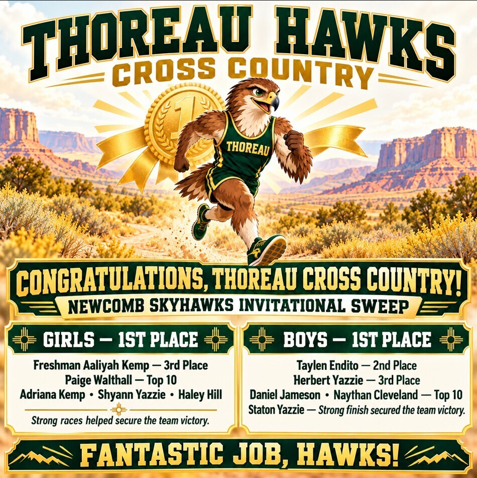 Advertisement for Thoreau Hawks cross country team showing a hawk with a green jersey. Text reads "Congratulations, Thoreau Cross Country!"
