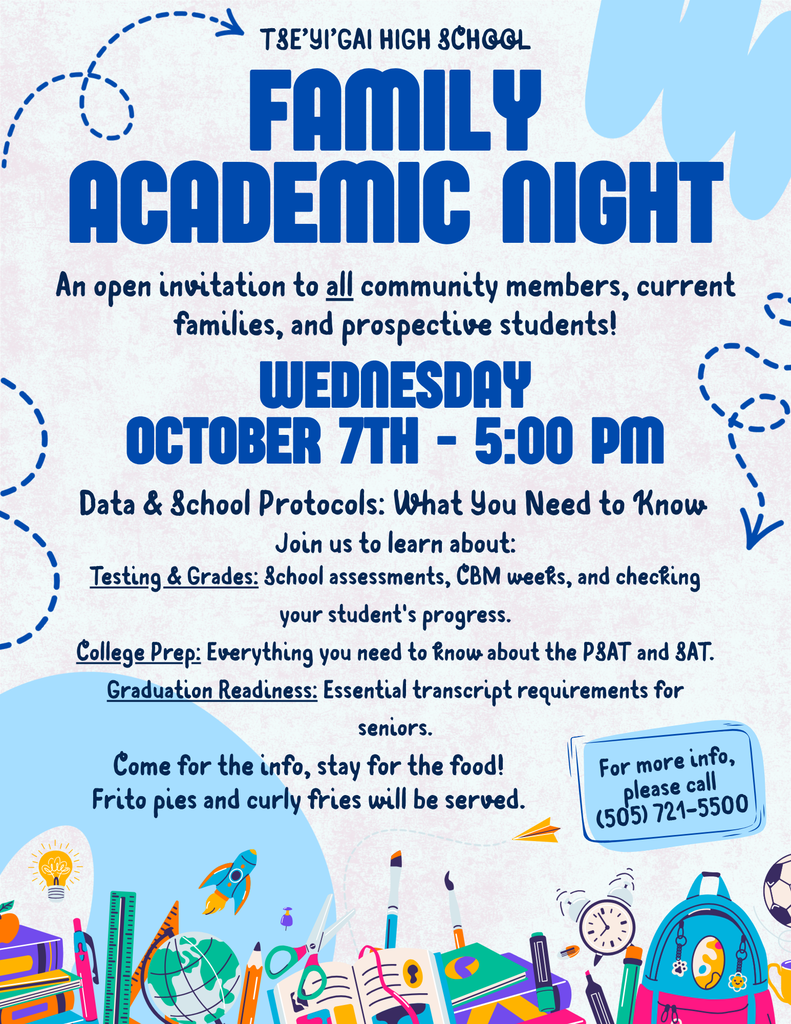 An invitation to family academic night with event details, including dates, times, and topics, such as college prep and transcript requirements.
