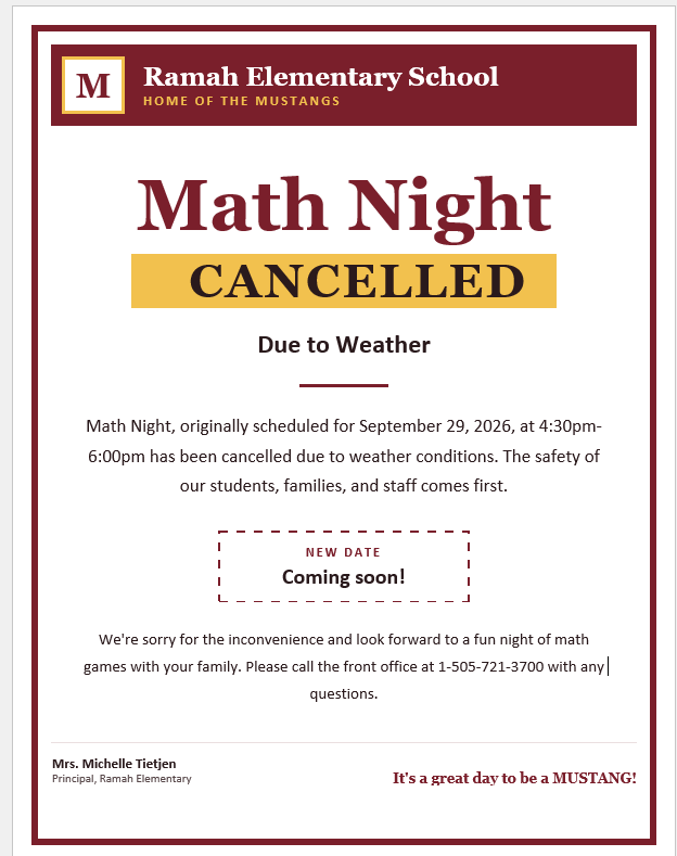 Red and white flyer for Ramah Elementary School Math Night. It reads "Math Night CANCELLED Due to Weather." Contact details are provided.
