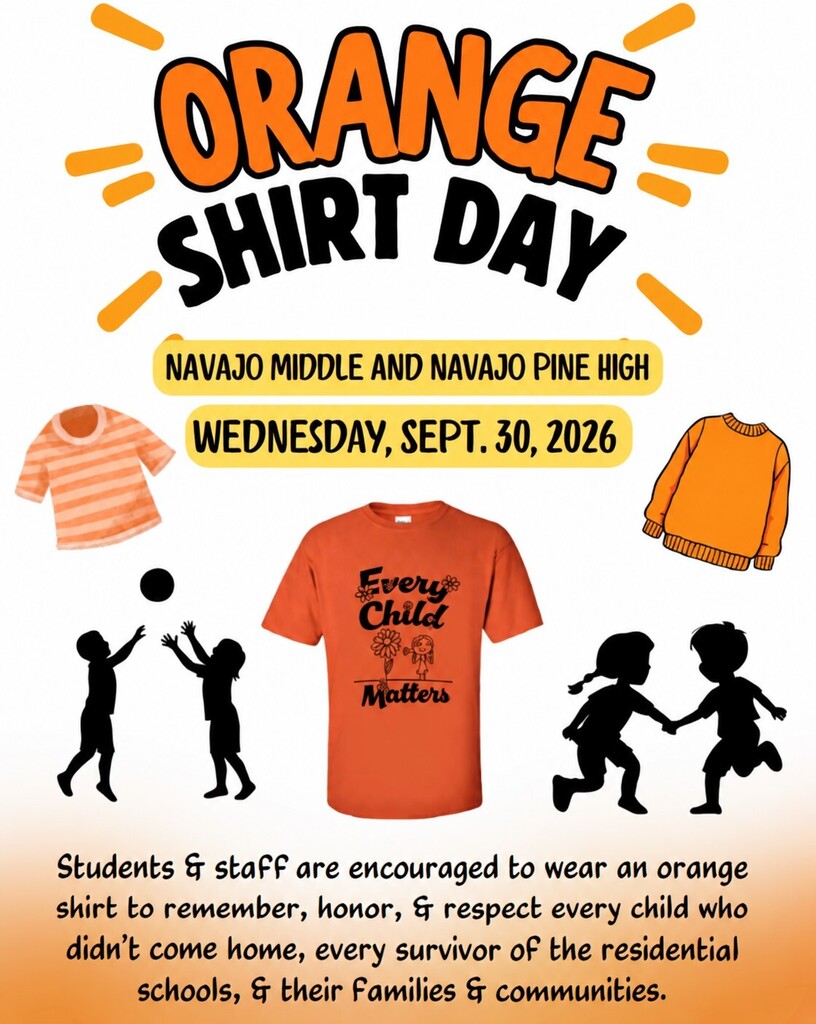 An orange poster has "Orange Shirt Day" at the top. There are silhouettes of kids playing and an orange shirt.