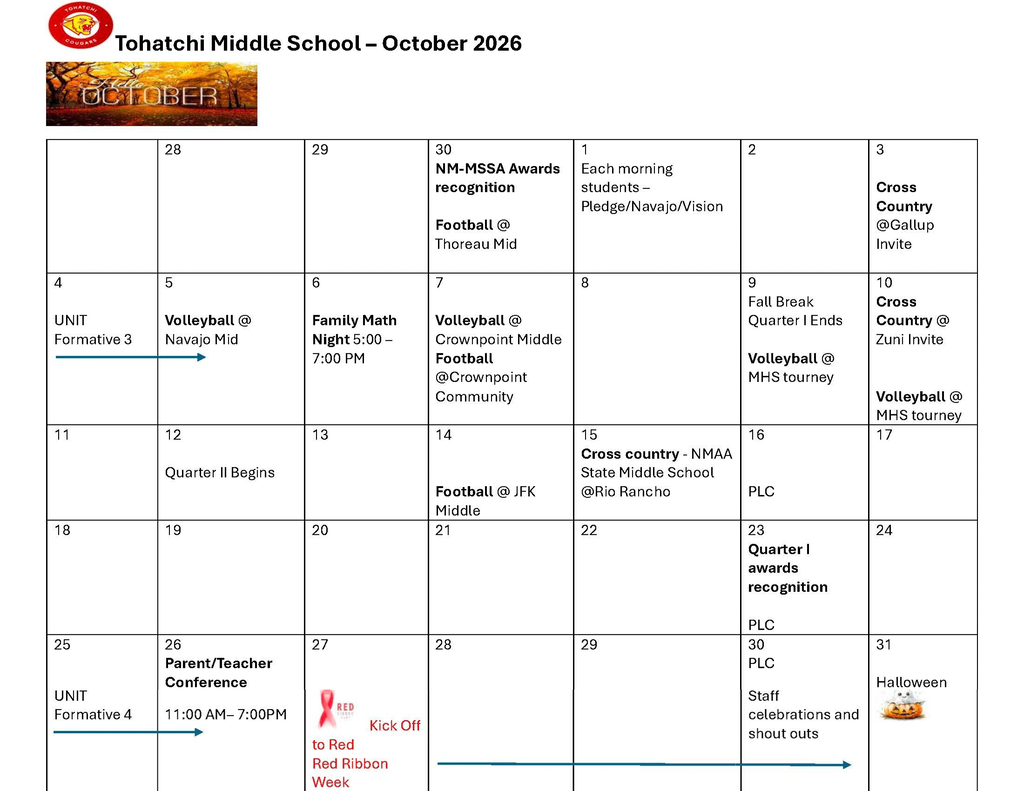 Calendar for October 2016 at Tohatchi Middle School. Events include volleyball matches, football games, and parent-teacher conferences.