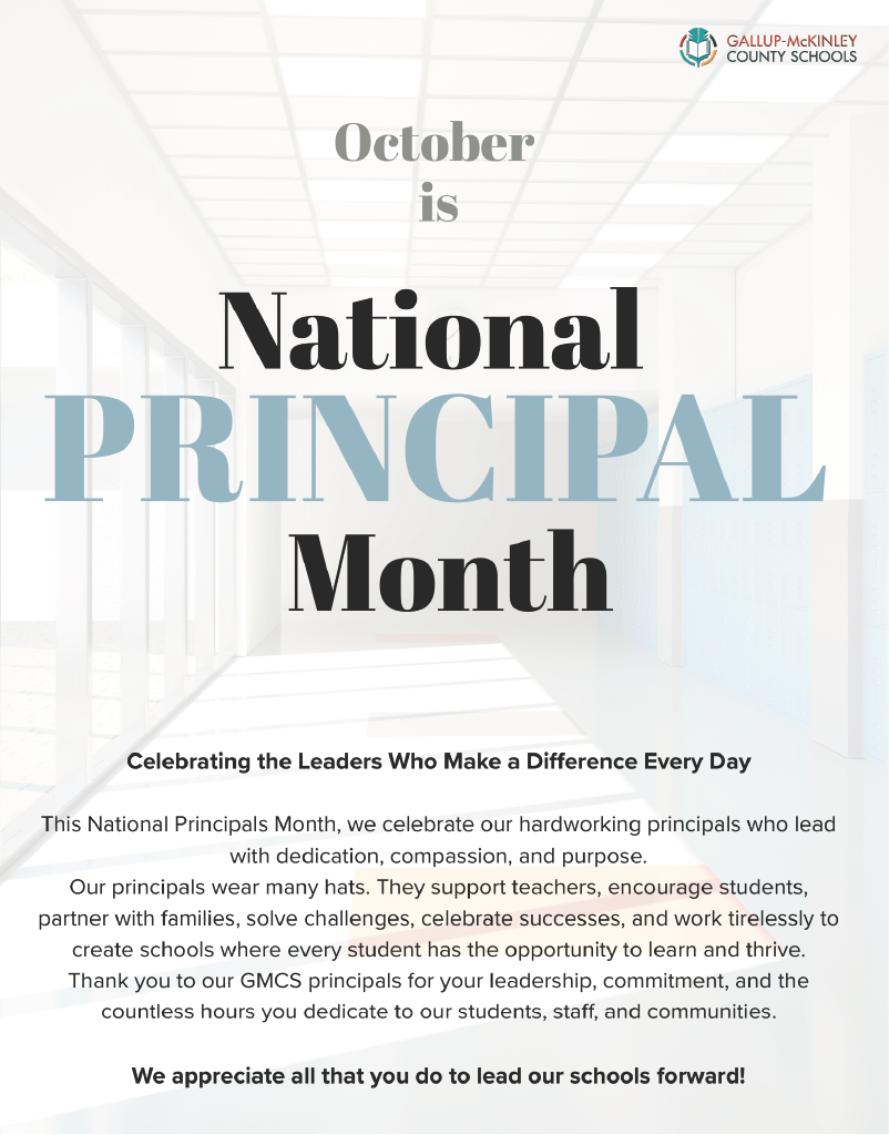 Poster says "October is National Principal Month." Text highlights appreciation for principals' dedication and support. Background is white with a blurred image.