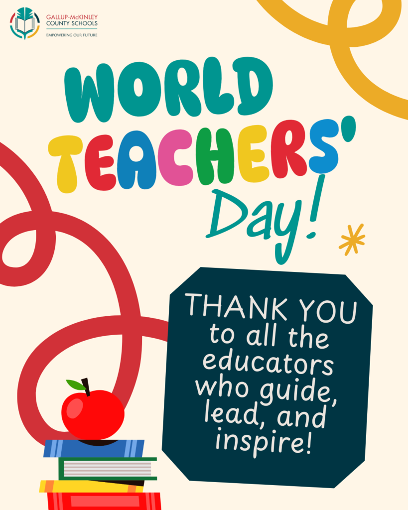An illustration with a red apple, books, and a "WORLD TEACHERS' DAY!" banner. A blue tag reads, "Thank you to all the educators who guide, lead, and inspire!"