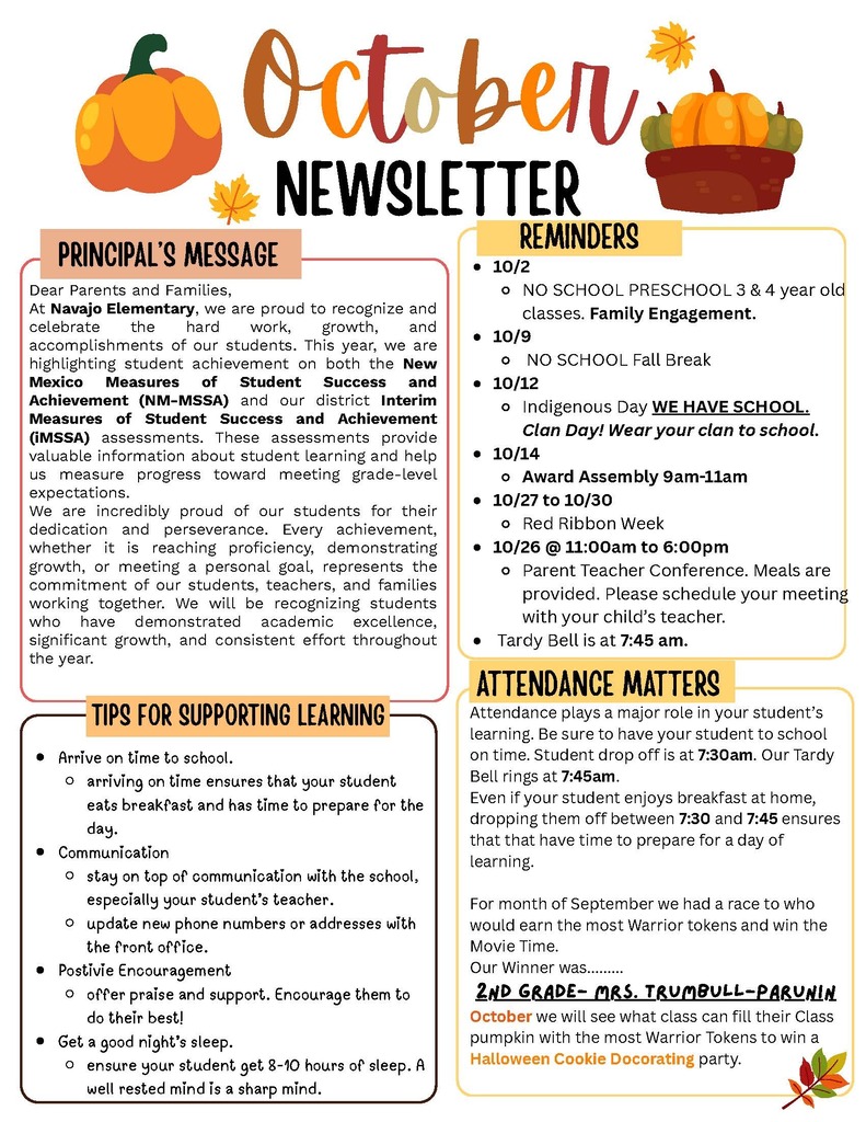 Navajo Elementary October News Letter