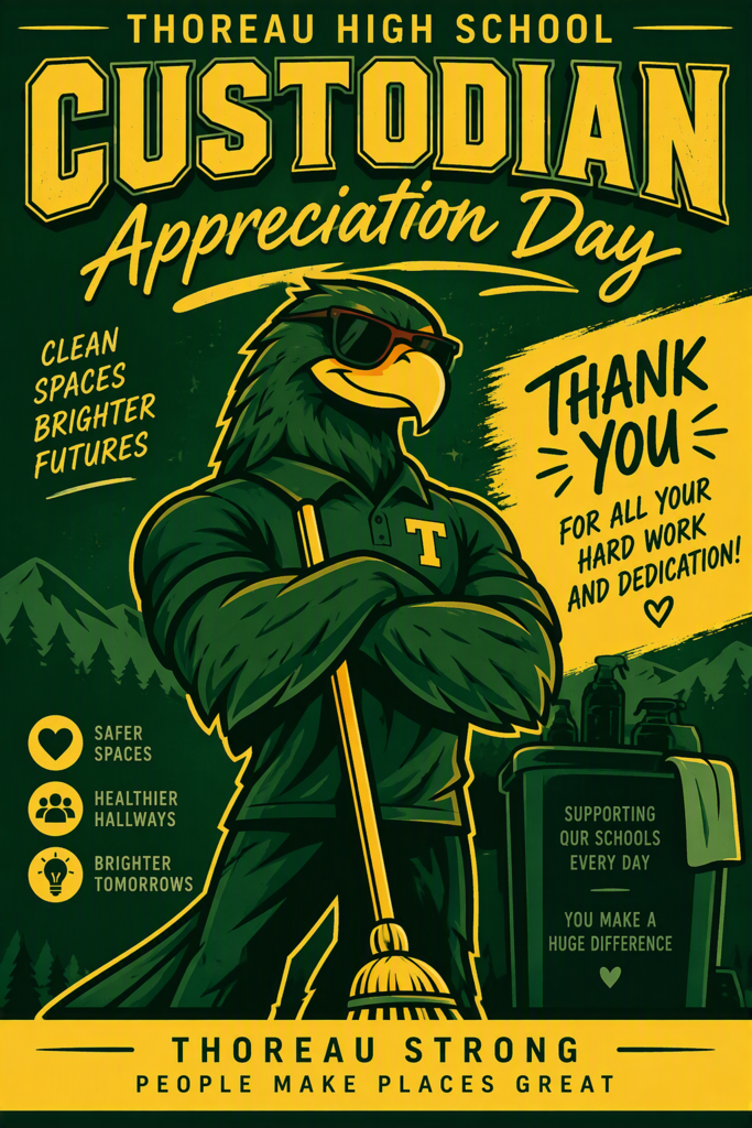 A flyer shows a cartoon eagle in uniform holding a broom. It says "Thoreau High School Custodian Appreciation Day" and "Thank You for All Your Hard Work and Dedication!"