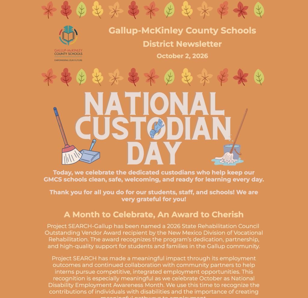 An orange background displays "National Custodian Day" with brooms, leaves, and text. It acknowledges custodians and mentions a newsletter from October 2, 2026.