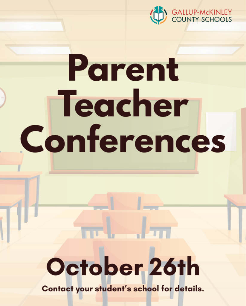 A classroom with desks and chairs, a clock, and a sign about parent-teacher conferences on October 26th.