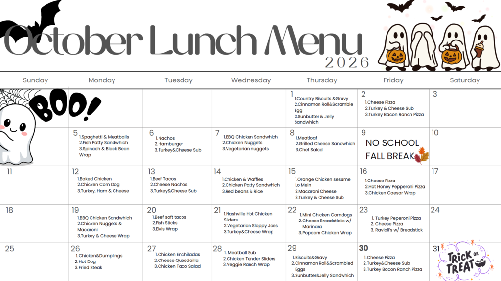 🍂 October Lunch Menu 🍂 Fall is in the air, and something delicious is on the menu! 🍎🍁 Enjoy a month filled with tasty lunches, happy tummies, and plenty of autumn cheer! 🧡
