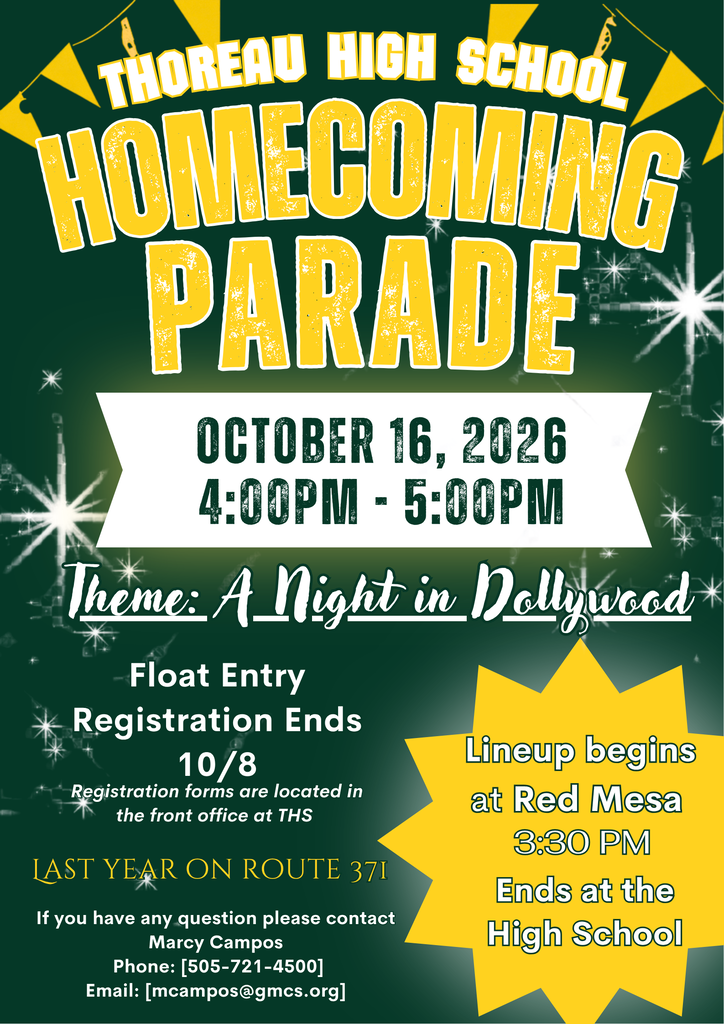 A poster announces the Thoreau High School Homecoming Parade on October 16, 2026, from 4:00 PM to 5:00 PM. The theme is "A Night in Hollywood."