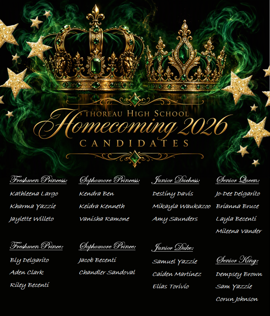 Poster with a green background and gold stars, showcasing the 2026 homecoming candidates for Thoreau High School.