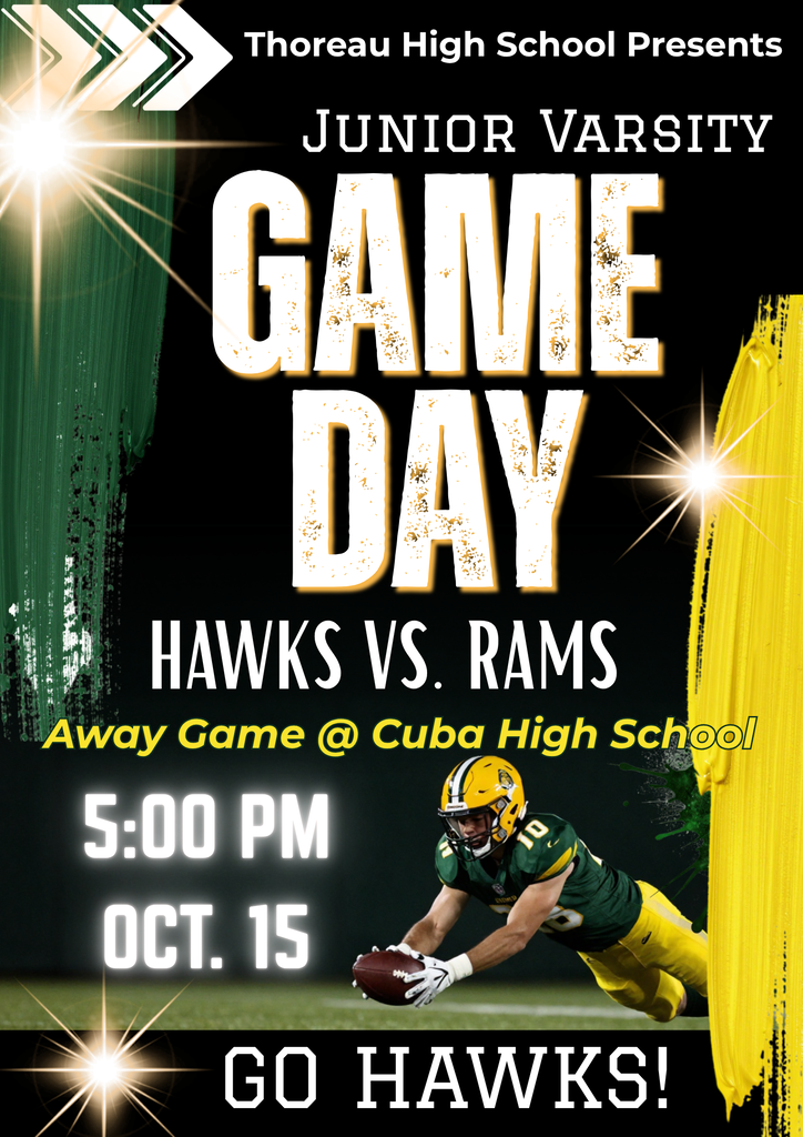 Poster with green and yellow colors. A football player wearing a helmet and gloves. Text: "Game Day Hawks vs. Rams." Date: Oct 15.