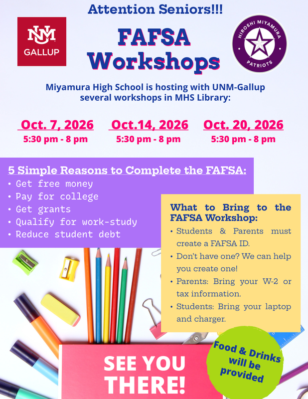 Flyer with text and icons promoting FAFSA Workshops. Dates include October 7, 14, and 20. Items to bring include FAFSA ID, W2, or tax information.