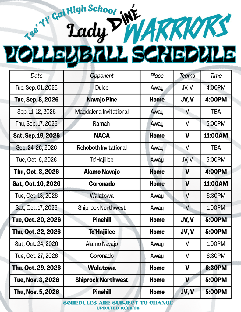 A schedule for the "Lady Dine Warriors Volleyball" team. Dates range from September 1, 2026, to November 5, 2026, with various opponents and home/away games.