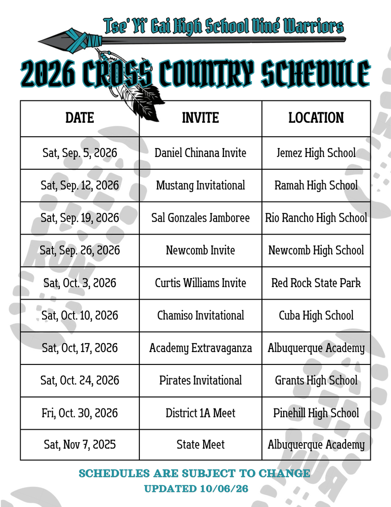 A blue and white table titled "2026 Cross Country Schedule" with dates, event names, and locations.