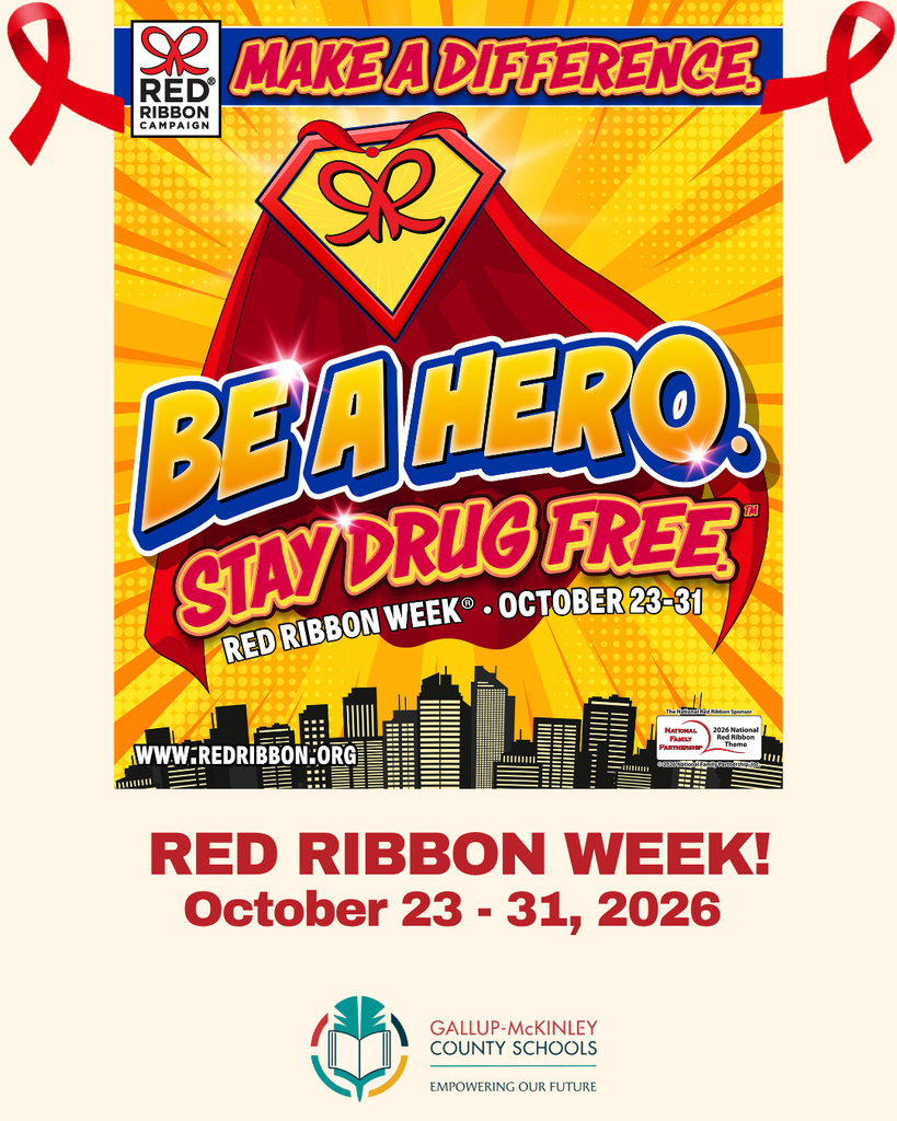 Advertisement poster with a red ribbon, city skyline, and "Be a Hero. Stay Drug Free" written in bold text.