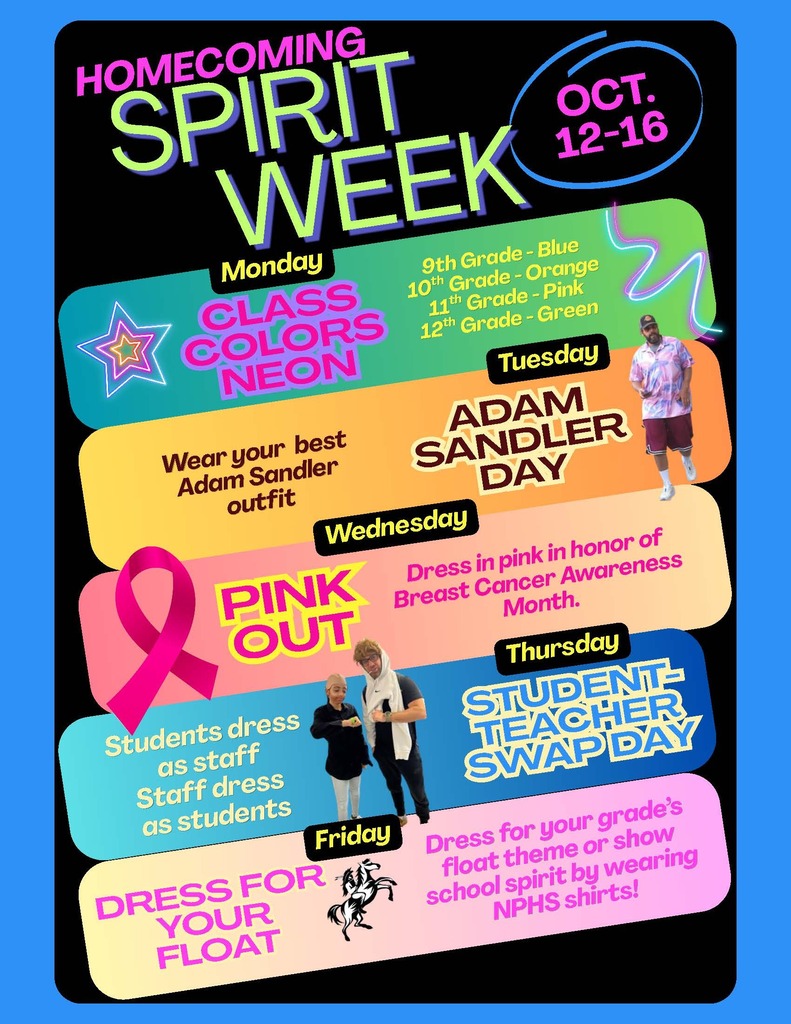A poster with blue, orange, pink, and green stripes. Text reads: "Homecoming Spirit Week, Oct. 12-16." Days are listed: Tuesday, Wednesday, Thursday, Friday.
