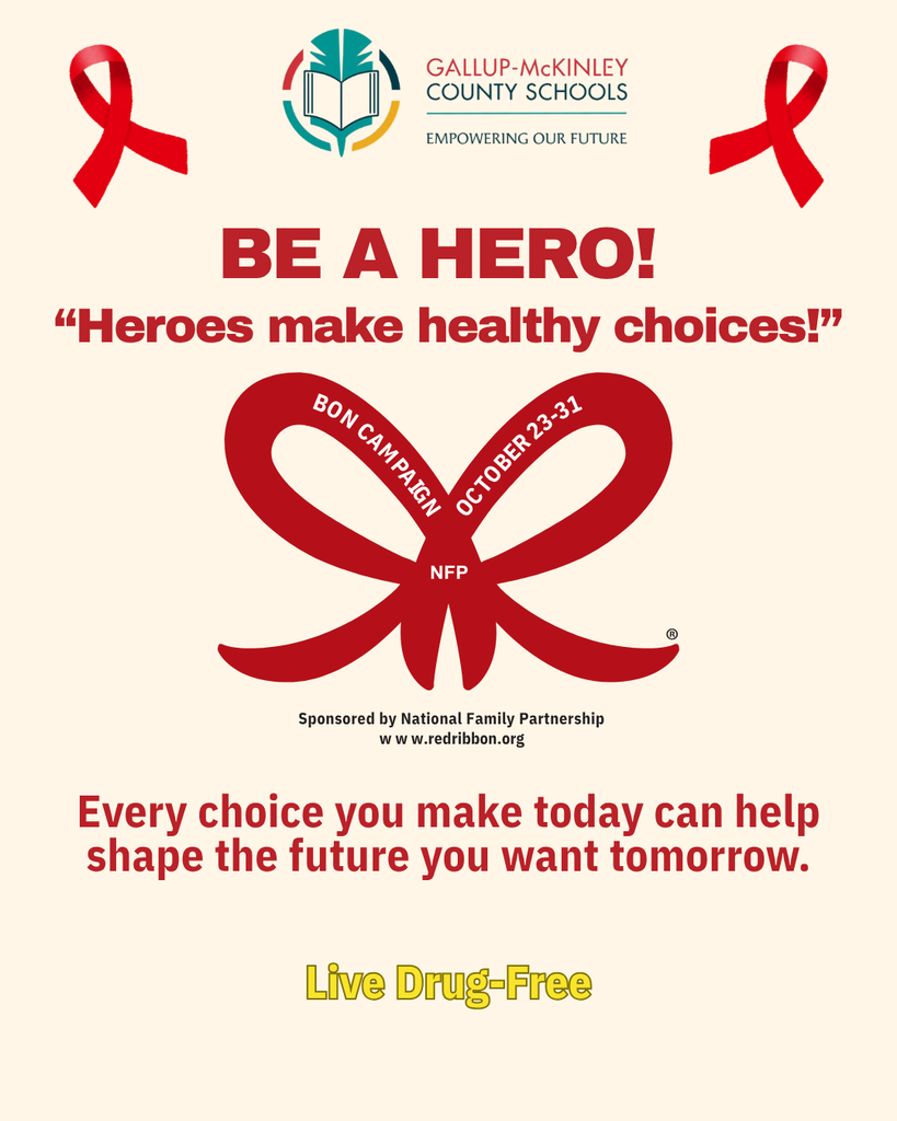 Poster with red ribbons and text promoting the "Be a Hero" campaign. It encourages making healthy choices.