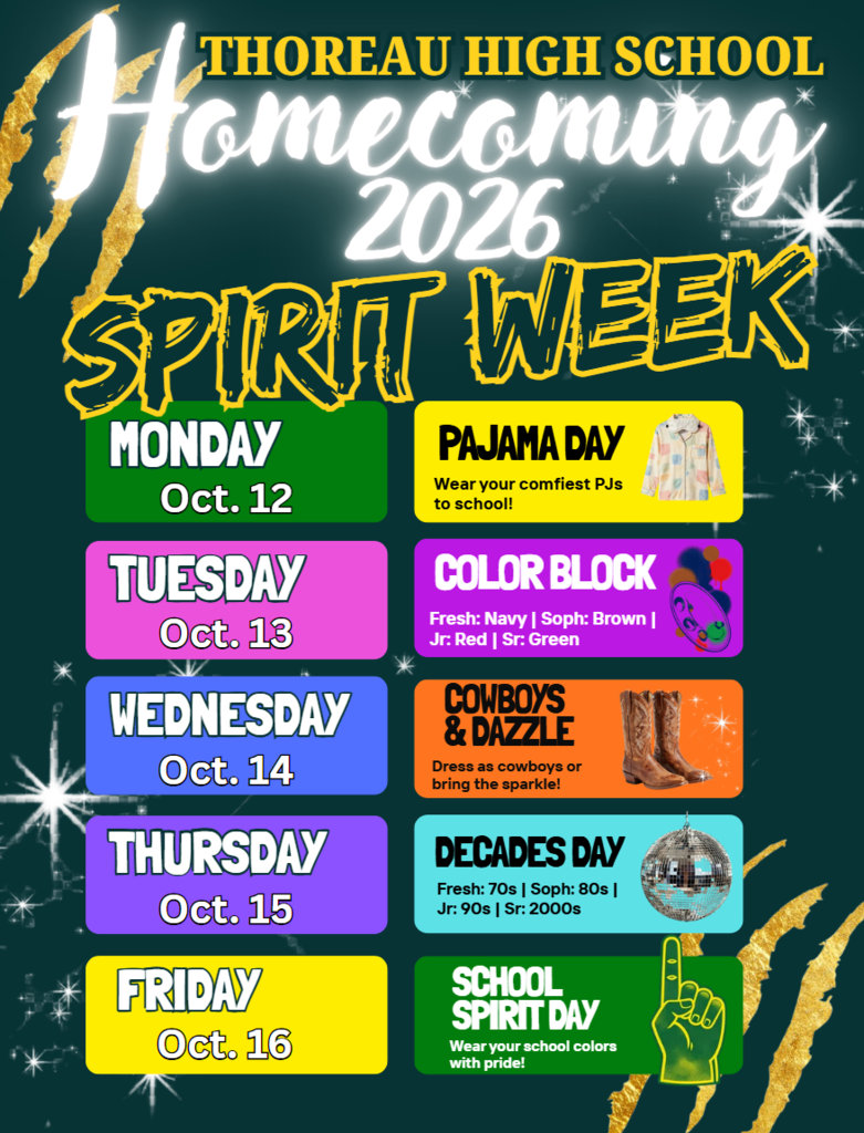 A poster titled "Homecoming Spirit Week 2026" displays days and themed dress codes, including Pajama Day and School Spirit Day.