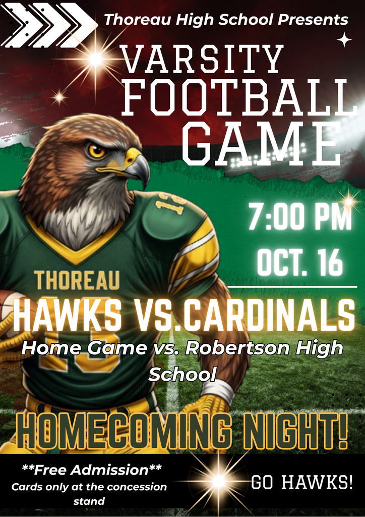 Advertisement for a high school football game. Hawks vs. Cardinals. Date: Oct. 16, 7:00 PM. Free admission. Homecoming night.