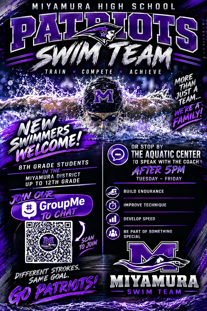 A poster promotes Miyamura High School Patriots swim team, featuring a swimmer. It lists training details and a call to join via GroupMe.