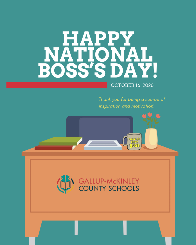 Text: Happy National Boss's Day! October 16, 2026. Thank you for being a source of inspiration and motivation. A desk with a mug, books, and a vase of flowers.