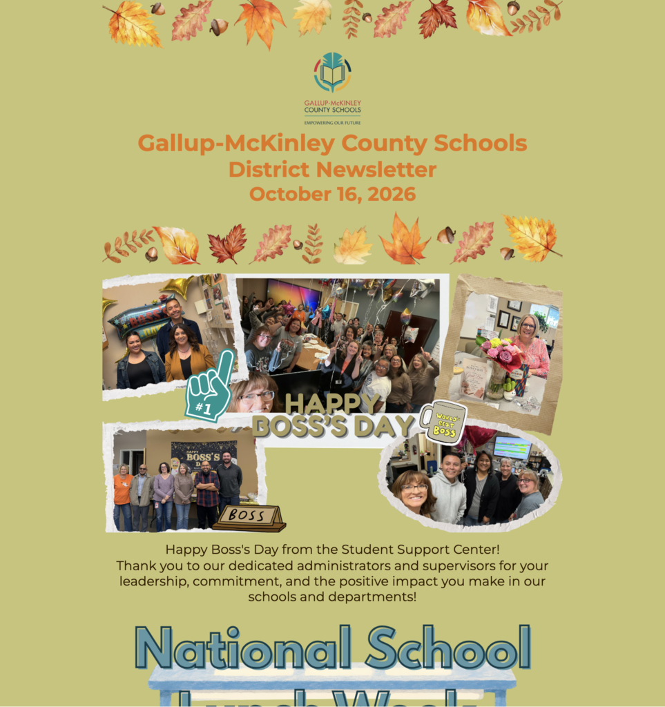 Collage of people smiling, giving thumbs up, and posing together with leaves around them. Text reads "Happy Boss's Day" and "National School Lunch Week."