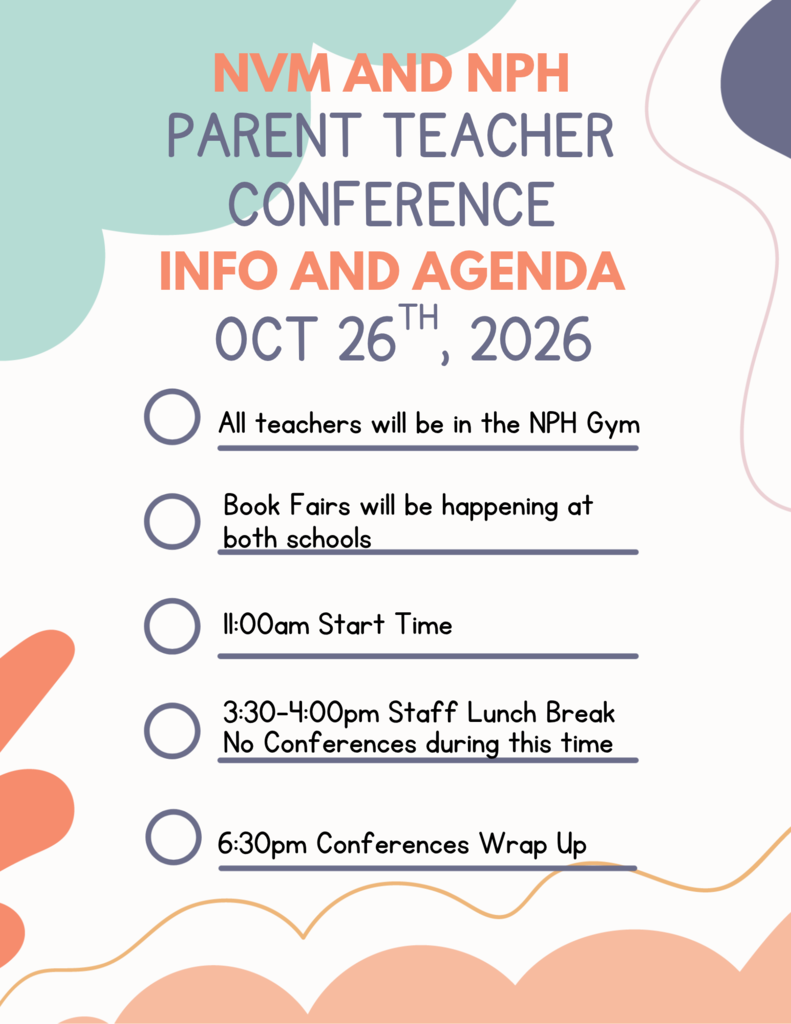 A blue and green graphic shows information about an event. It says "Parent Teacher Conference Info and Agenda" and lists dates, locations, and times.