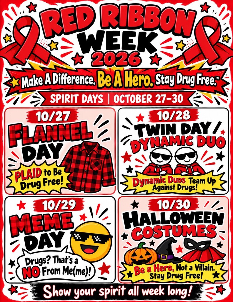 Poster with red ribbon and text reading Red Ribbon Week 2026. Four days with icons: flannel, twins, meme, and Halloween.
