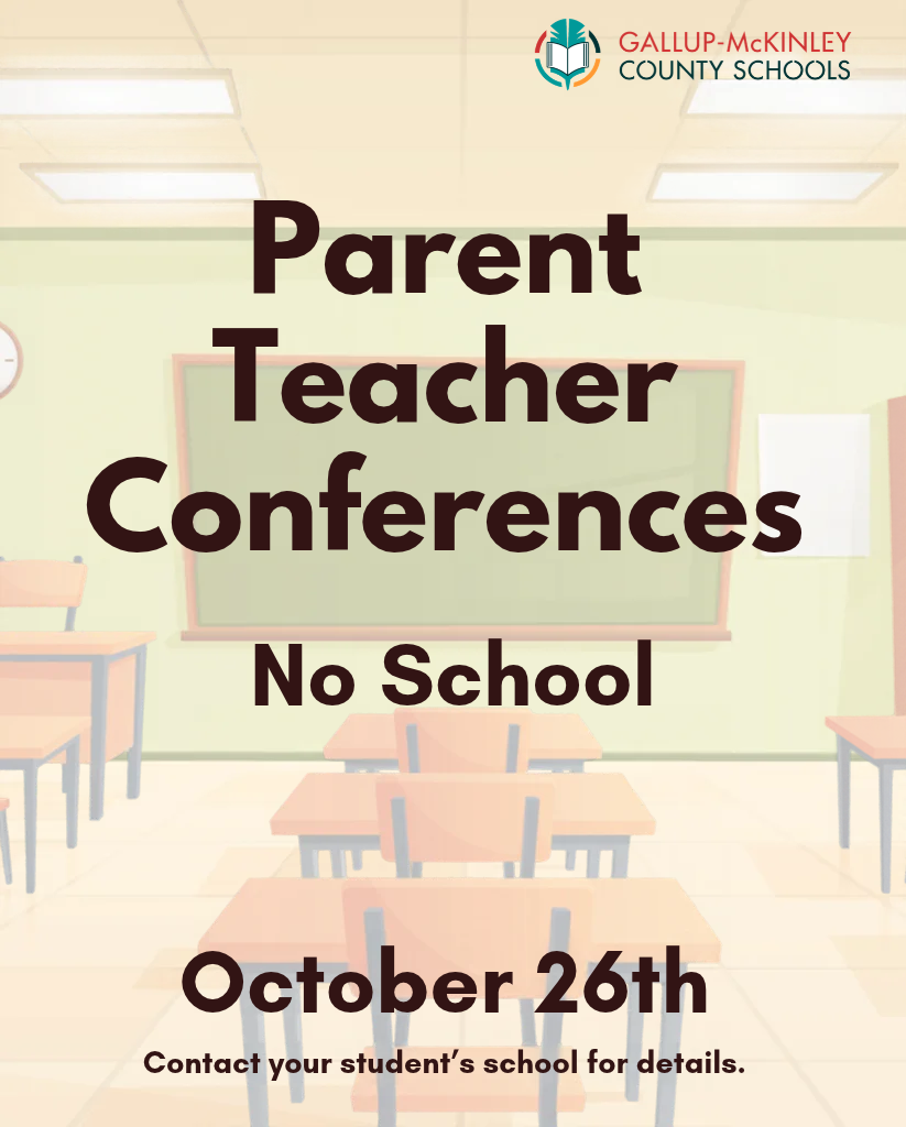 An empty classroom with rows of desks and chairs. A chalkboard is on the wall. Text reads "Parent Teacher Conferences No School October 26th".