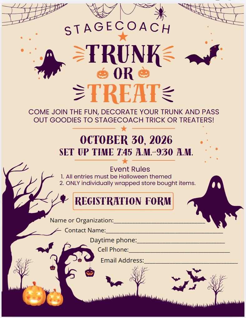 Halloween event invitation with bats, ghosts, pumpkins, and a tree. Text reads: "Stagecoach Trunk or Treat, Oct. 30, 2026."
