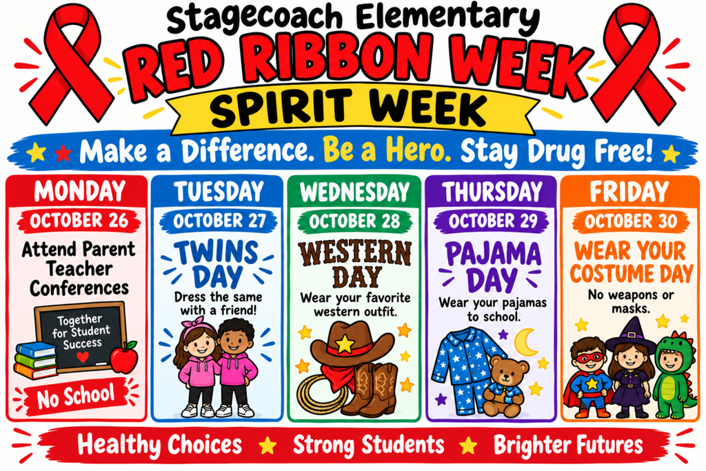 Colorful posters for Spirit Week. Posters have days of the week, activities, and dress themes.