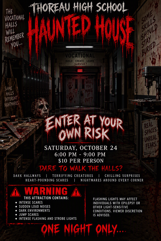 Haunted house event with flashing lights, loud noises, sudden movements, strobe lights, and jump scares.