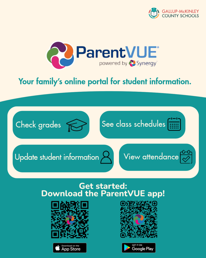 Green background with white text and icons. Text reads "ParentVUE" and "powered by Synergy." Icons include a graduation cap, calendar, user, and attendance. QR codes for app stores.