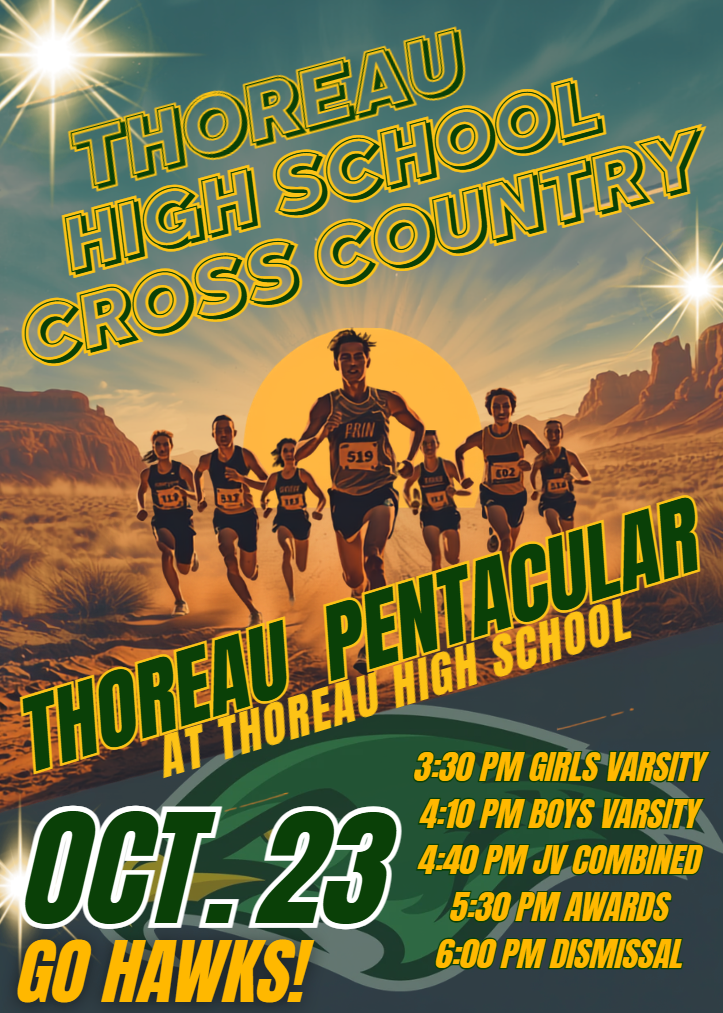 Banner with runners in the desert. Text reads "Thoreau High School Country Cross at Thoreau High School" and "Oct. 23."