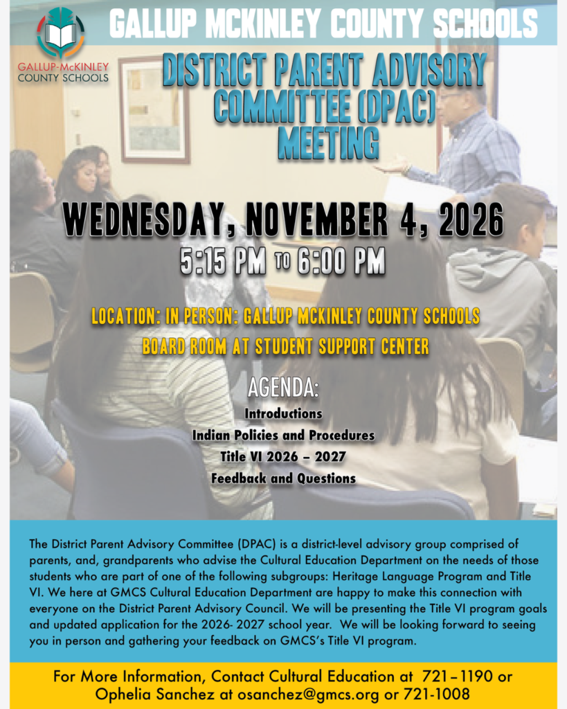 Advertisement for a meeting on November 4, 2026, in a room at Gallup McKinley County Schools Board VI.