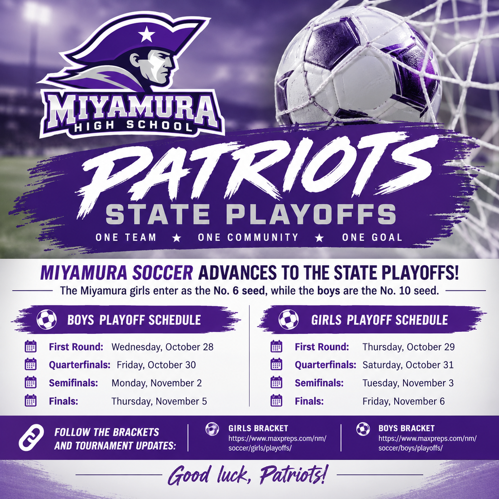 Graphic with a soccer ball in a net and a pirate logo reads "Miyamura High School Patriots State Playoffs."